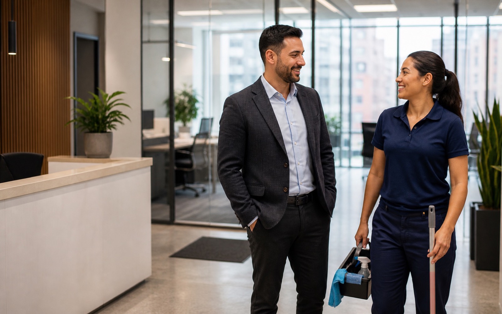 A property manager speaking with a professional cleaner