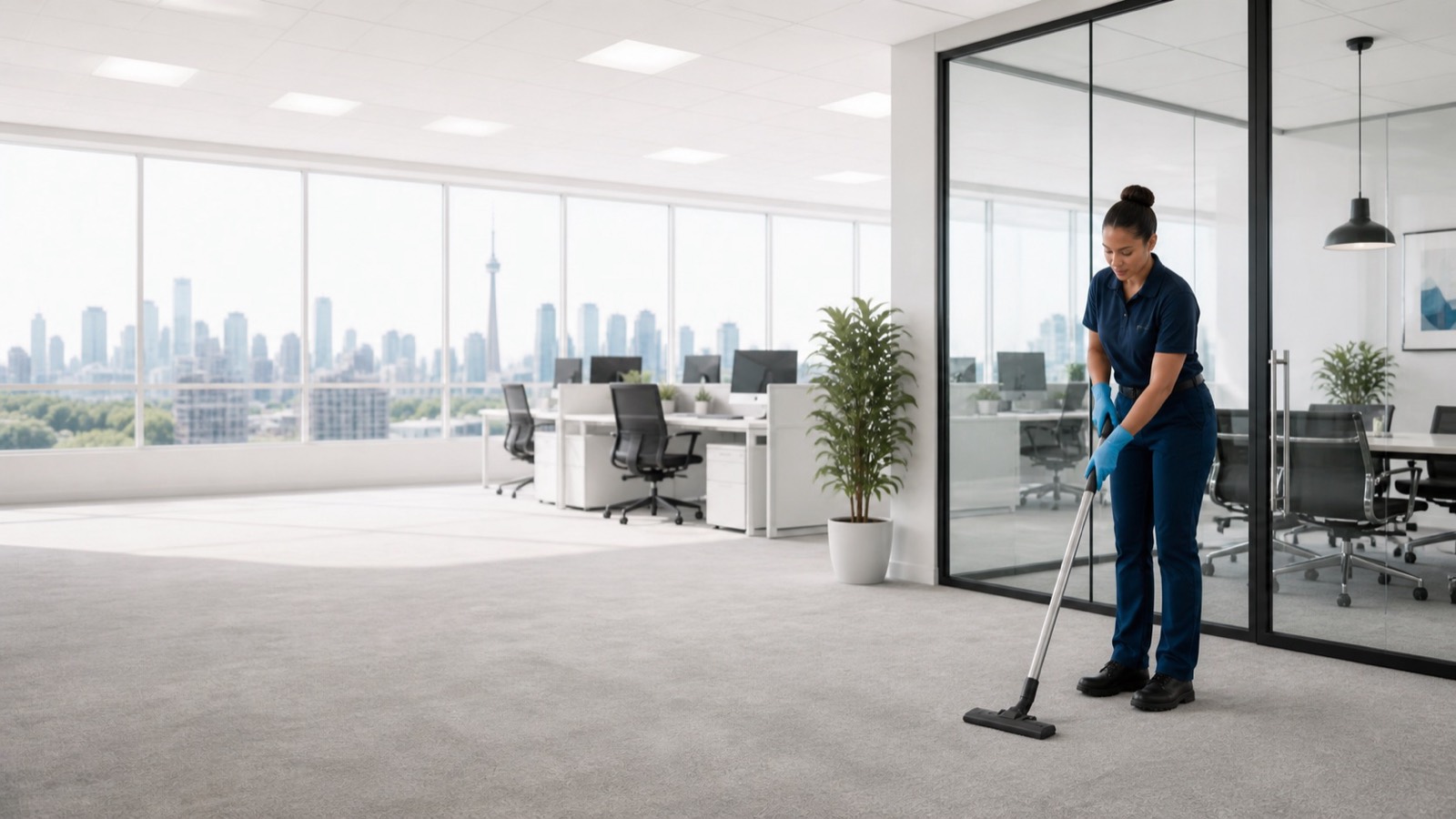 A professional cleaner vacuuming a bright Toronto office